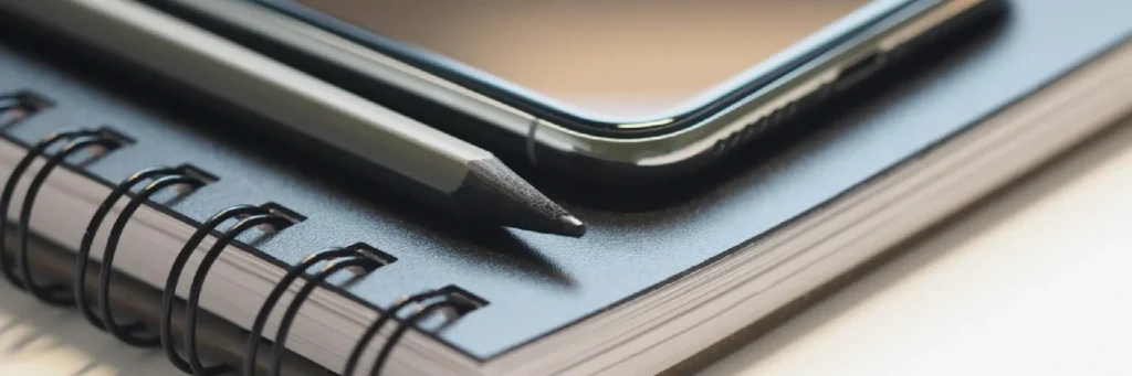 Cuaderno de anillas y lápiz sobre mesa; servicios de gestoría y trámites.