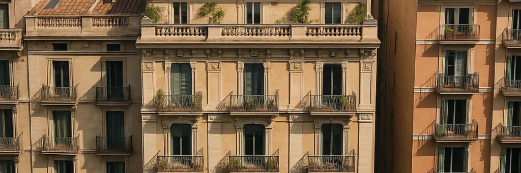 Fachada residencial con balcones; administración de fincas y gestión inmobiliaria.
