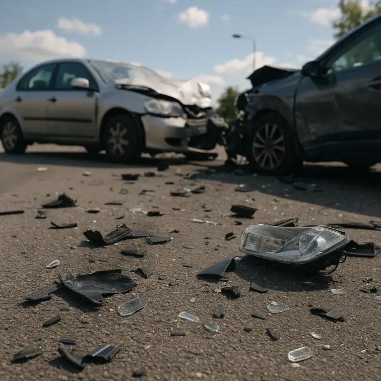 Restos de choque de coches en calzada; reclamaciones por accidentes de tráfico.