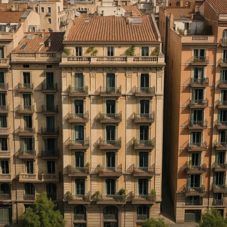 Fachada con balcones del Eixample; inmobiliario y administración de fincas.